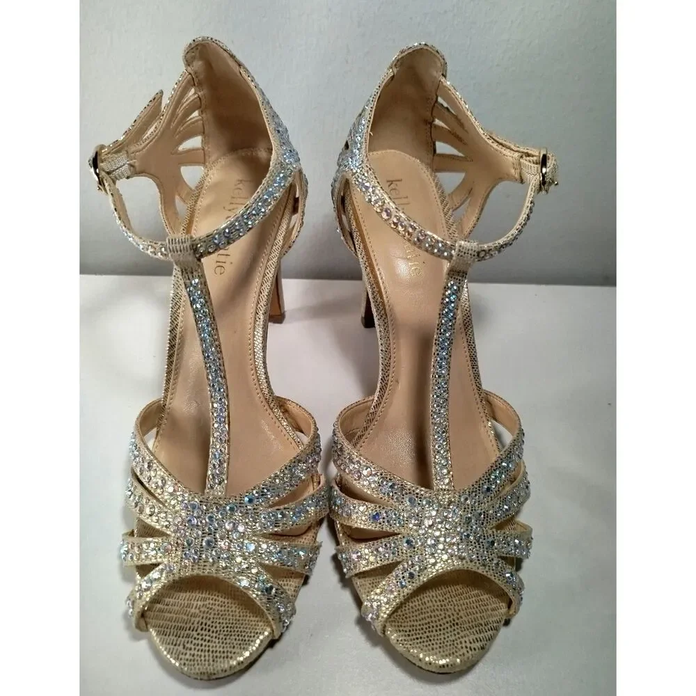 Kelly & Katie Womens Size 7 Champagne Rhinestone T-Strap Heels Dress Sandals - Picture 5 of 7